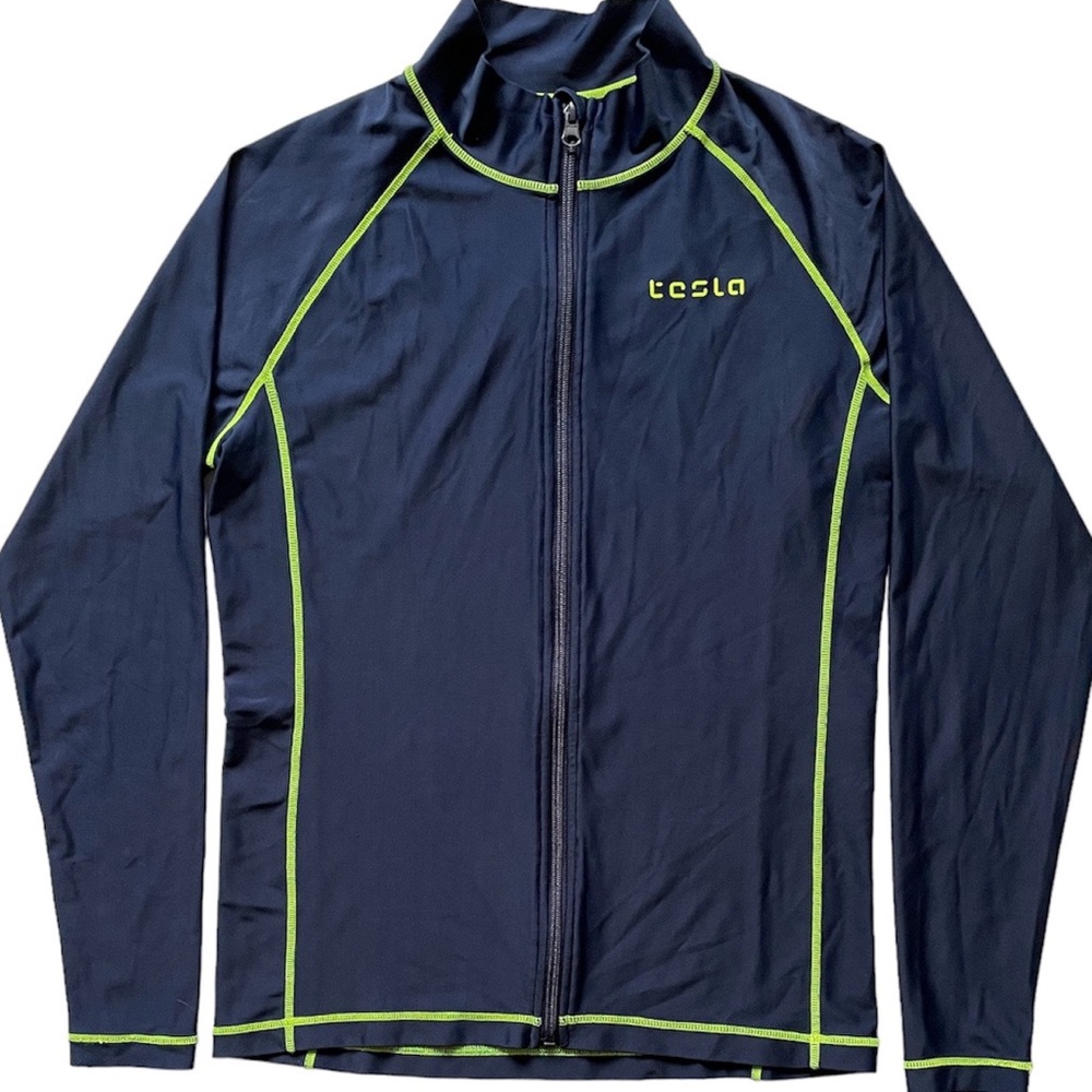 TESLA Womens Small Activewear Top Official Merchandise Blue Slim Full Zip Shirt